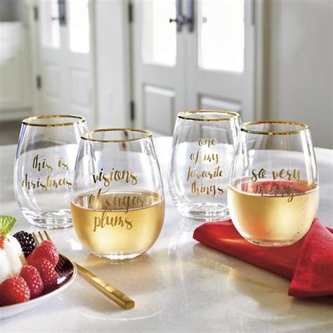 Festive Phrases Stemless Wine Glasses Set Of Four Grandin Road