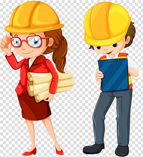 Free Download Cartoon Female And Male Wearing Hard Hats Engineering