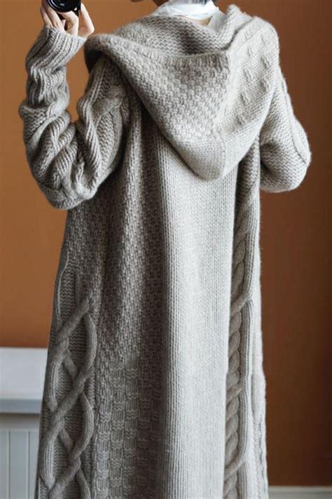 Womens Cable Knit Hooded Chunky Cardigan Open Front Long Cardigan