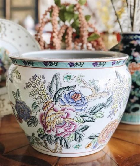New 12 oriental blue and white koi fish and plants fish bowl jardiniere planter plant pot. Large Chinese Hand Painted Lotus and Koi Fish Fish Bowl ...