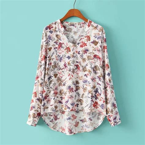 Womens Ladies Casual V Neck Flower Printed Long Sleeve Rayon Blouse