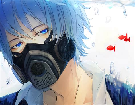 Blue Haired Male Anime Character Wearing Gas Mask Wallpaper Hd