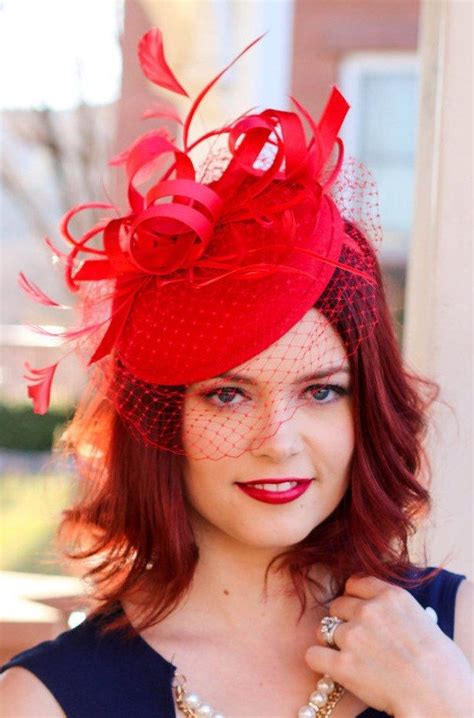 Red Fascinator With Veil Tea Party Hat Church Hat Kentucky Etsy Red