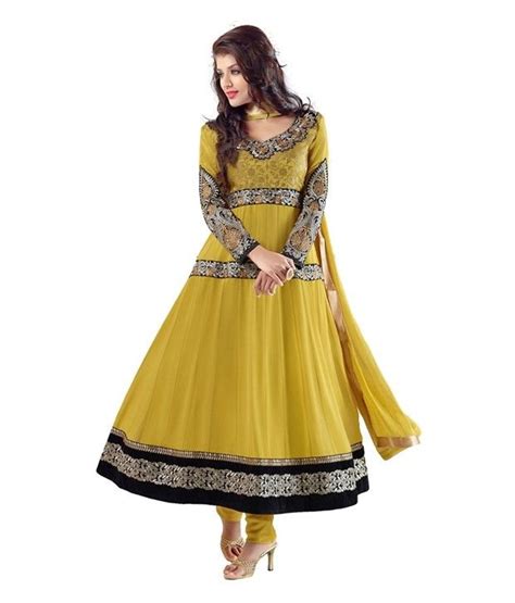 Fabdeal Yellow Georgette Embroidered Semi Stitched Salwarkameez Party Wear Dresses Summer