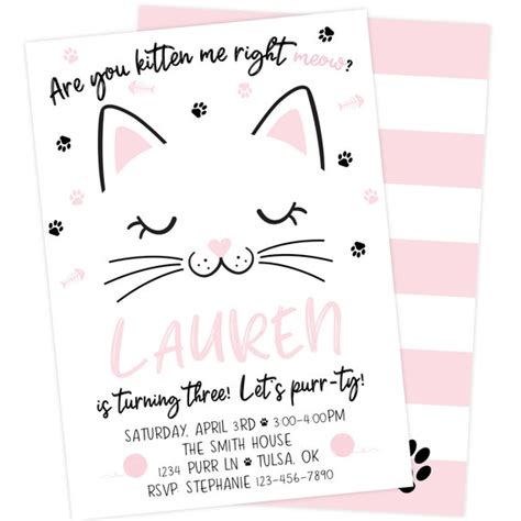 Purrfect Cat Pawty Birthday Invitation Kitten Birthday Party