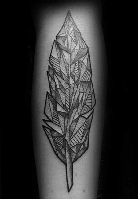Shaded Black And Grey Ink Guys Geometric Feather Tattoo Deisgns Phoenix