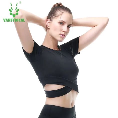 Vansydical Exposed Navel Yoga Tops Shirt Fitness Gym Workout Xl Short Sleeve Shirts Tee Female