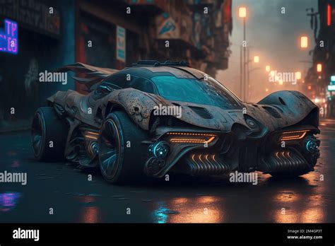 Cyberpunk Style Car On Street Of City Of Future Futurism Neon Light