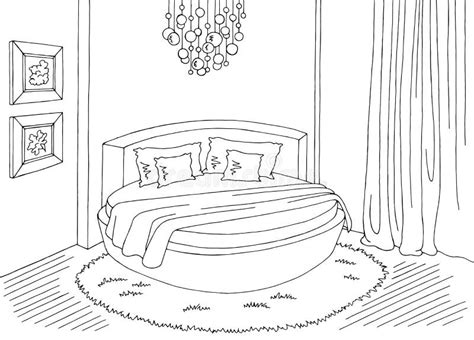 Bedroom Round Bed Graphic Black White Home Interior Sketch Illustration