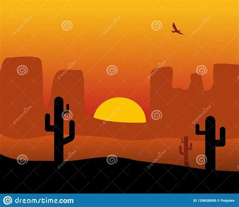 Panorama Sunset Desert With Cactus Bird Vector Flat