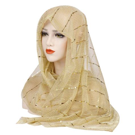 Muslim Hijab Women Shimmer Sequins Striped Long Shawl Scarf Headscarf Islamic Head Wrap