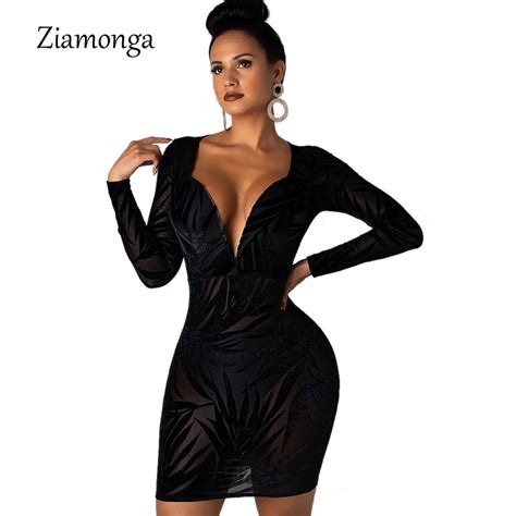 Ziamonga Sexy Club Bodycon Mesh Dress See Through Deep V Bandage Dress Women Long Sleeve