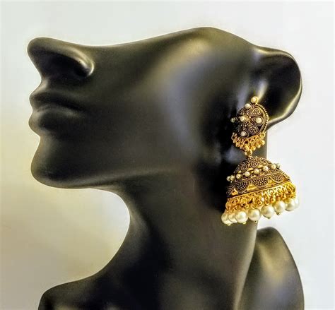 Oxidized Gold Finish Pearls Accented Jhumka Earrings 30625 Buy