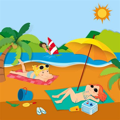 Summer Vacation With People On The Beach Vector Art At Vecteezy