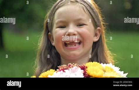Summer Portrait Of A Cheerful Toothless Girl 6 7 Years Old With A