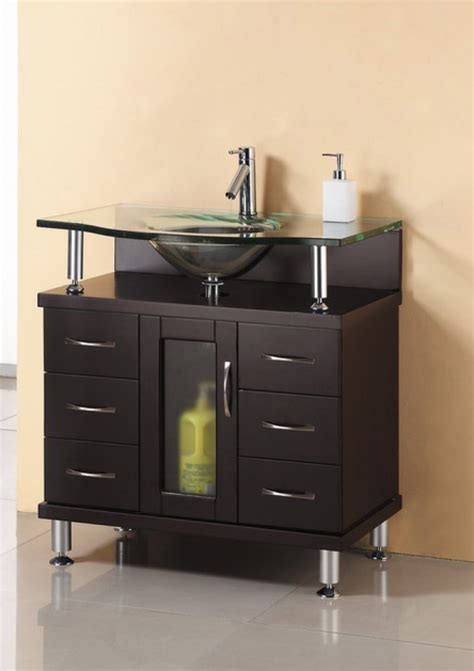 32 Inch Single Sink Bathroom Vanity In Espresso With Glass Top And Sink