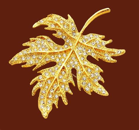 Leaf Brooch Jewelry Alloy Of Gold Tone Rhinestones Kaleidoscope Effect