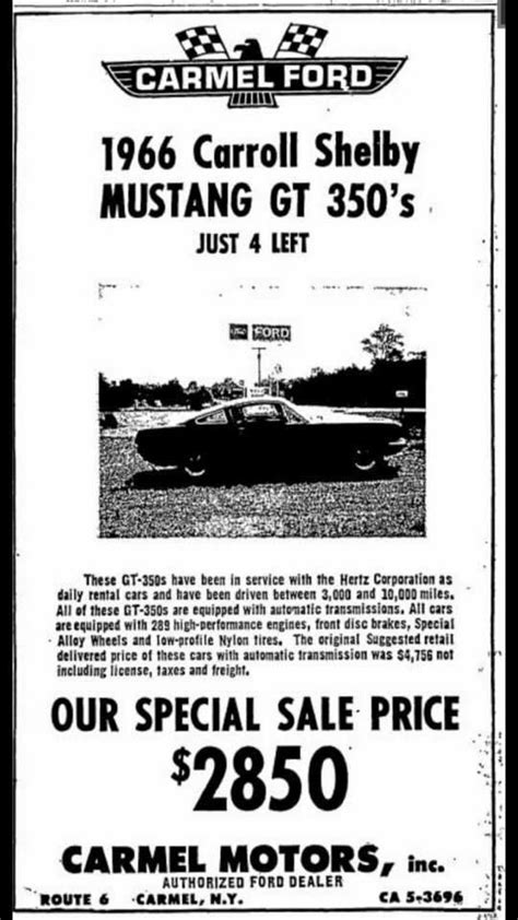 1966 Ford Mustang Shelby Gt350 Hertz Carmel Motors Print Ad Mustang Gt