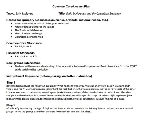 9 Common Core Lesson Plan Samples Sample Templates