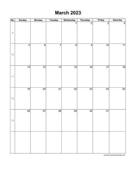 2023 March Calendar Blank Vertical Template Free Calendar