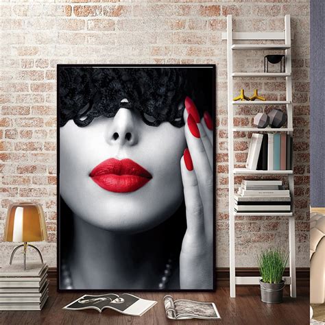 Abstract Black Red Lips Canvas Painting Sexy Woman Nordic Wall Pop Art