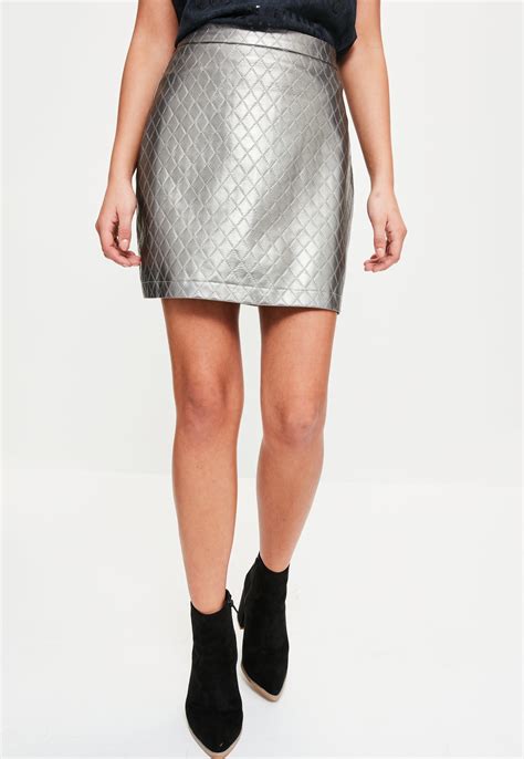 Missguided Silver Faux Leather Quilted A Line Skirt In Metallic Lyst