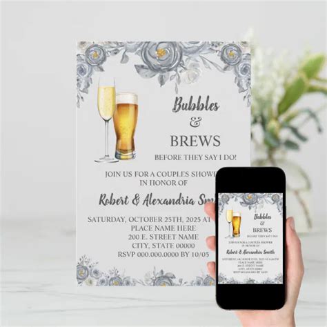 Bubbles And Brews Couples Wedding Shower Grey Floral Invitation Zazzle