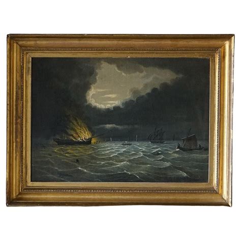 Seascape Depicting A Burning Ship Antique Original Oil On Canvas
