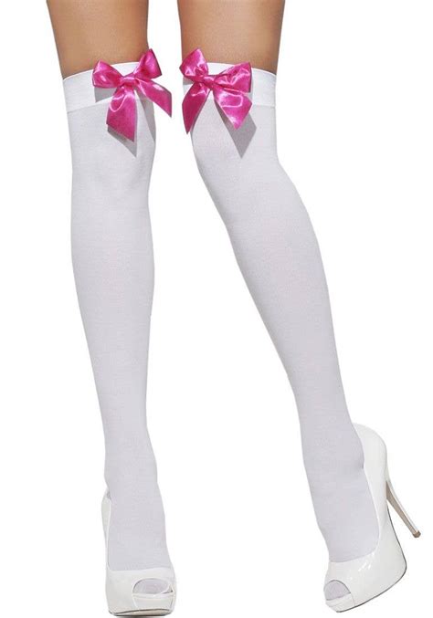 White Thigh High Stockings With Pink Bows Opaque White Thigh Highs