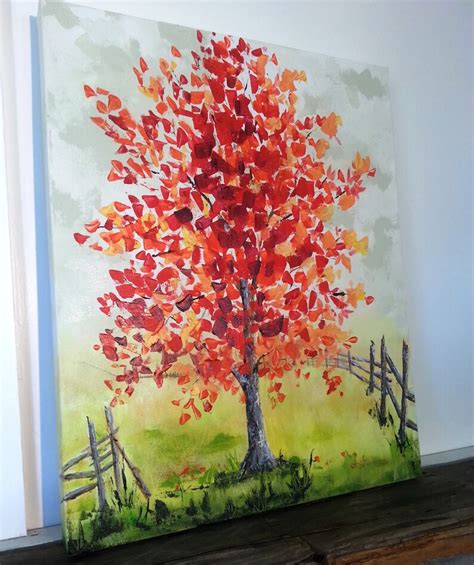 Red Tree Painting With Bird On Fence Fall Scene Original Etsy