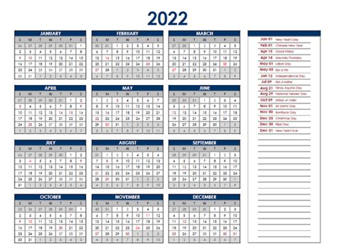 2022 Yearly Philippines Calendar Design Template Free Printable