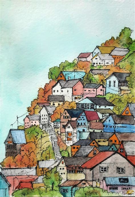 Autumn Village A Watercolor Painting Rpainting