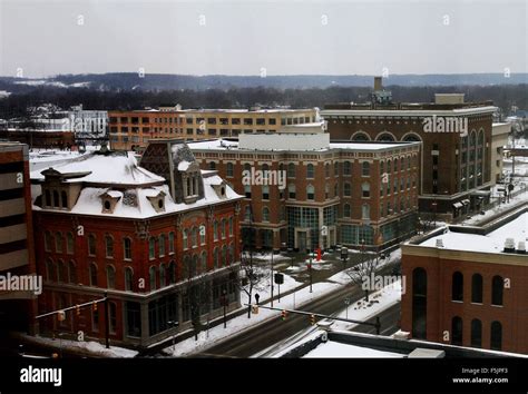 Downtown Kalamazoo Michigan Covered In Snow In The Winter Stock Photo