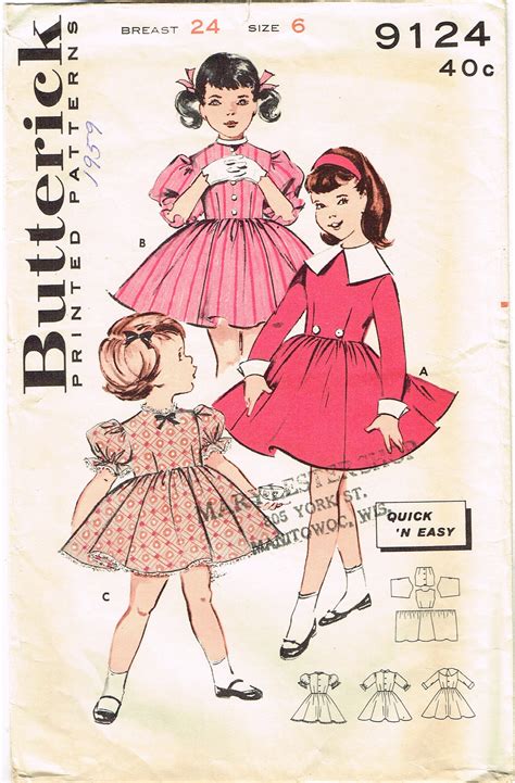 1950s Vintage Butterick Sewing Pattern 9124 Toddler Girls Dress Size 6