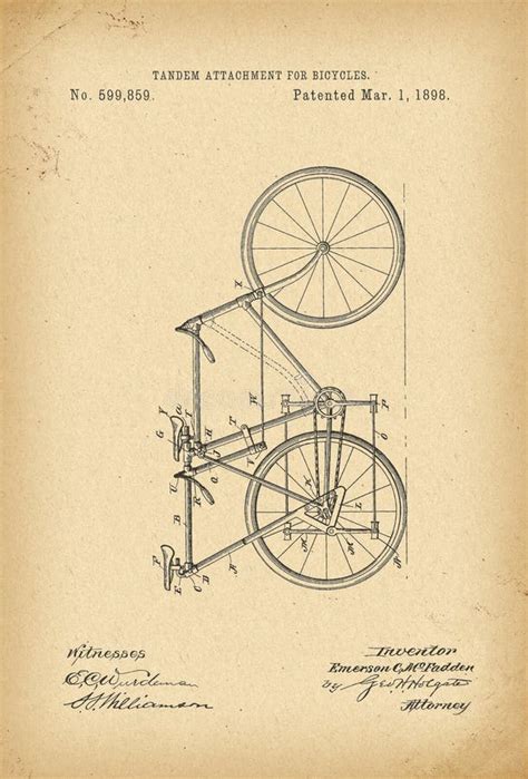 1898 Patent Velocipede Tandem Bicycle Archival History Invention Stock