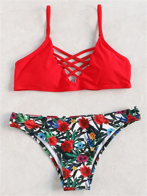 Floral Print Crisscross Bikini Set Shein Sheinside