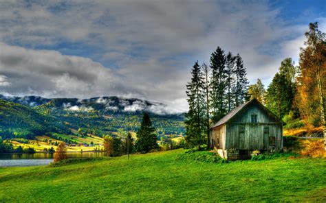 Landscape Nature Hut Lake Grass Fall Trees Hdr Clouds Village Field