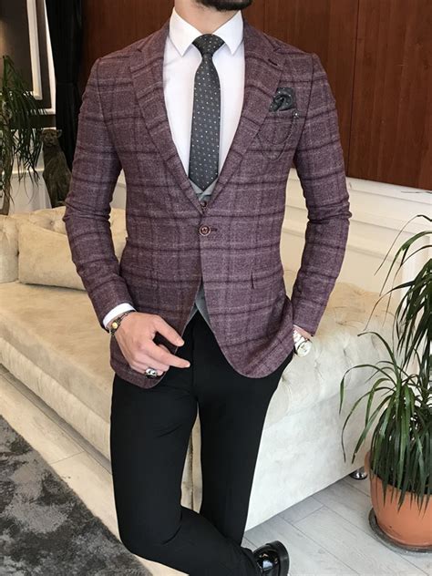 Burgundy Slim Fit Notch Lapel Plaid Suit For Men