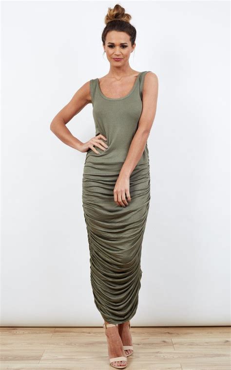 Khaki Sleeveless Maxi Dress With Ruched Sides Bella And Blue