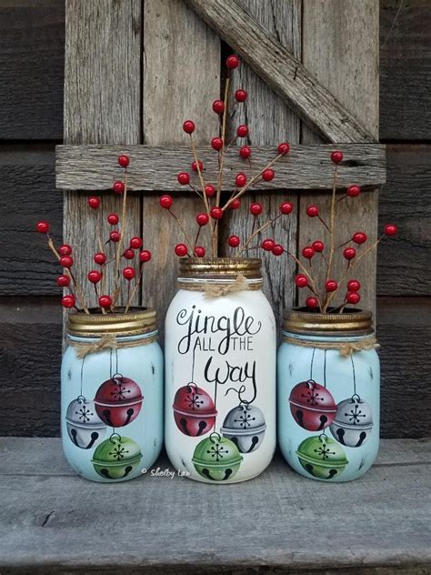 Set Of Three Jingle All The Way Jars Hand Painted Mason Jars Etsy Christmas Mason Jars