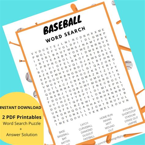 Baseball Word Search Printable Baseball Word Search Puzzle Etsy