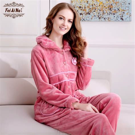 Womens Winter Long Sleeve Coral Fleece Pajamas Thick Flannel Leisure Sleepwear Suits For Women