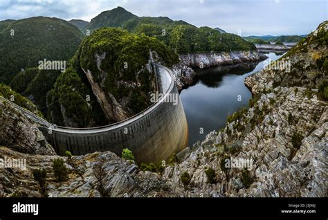 198m Long And 140m High Gordon Dam In Southwest Tasmania Stock Photo