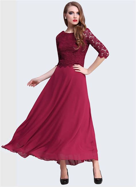 Maroon Lace Chiffon Maxi Dress With Deep Scoop Back Rm309