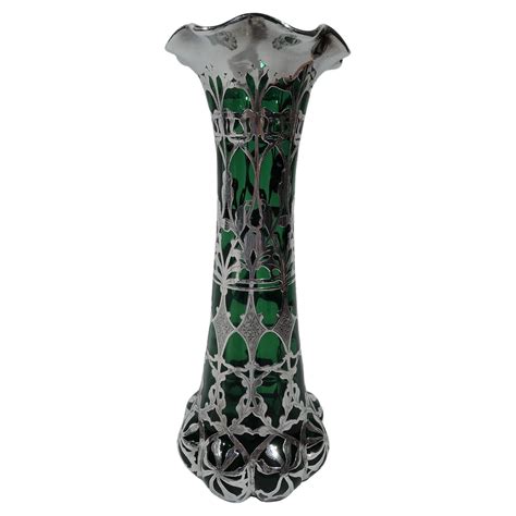 Beautiful Art Nouveau Emerald Green Glass Silver Overlay Vase For Sale At 1stdibs
