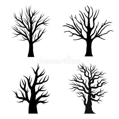 Black Branch Tree Or Naked Trees Silhouettes Set Hand Drawn Isolated Illustrations Stock