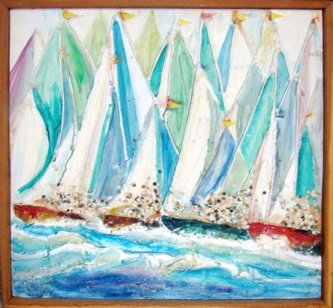 Mid Century Modern Embellished Painting Of Sailboats Modernism