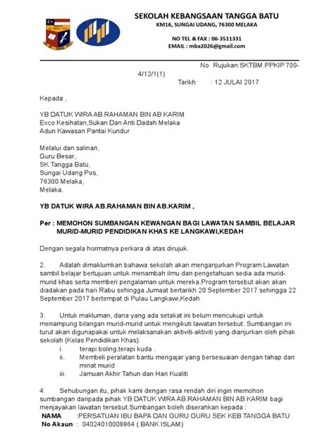 Contoh Surat Mohon Sumbangan Kewangan Bagi Keceriaan Sekolah