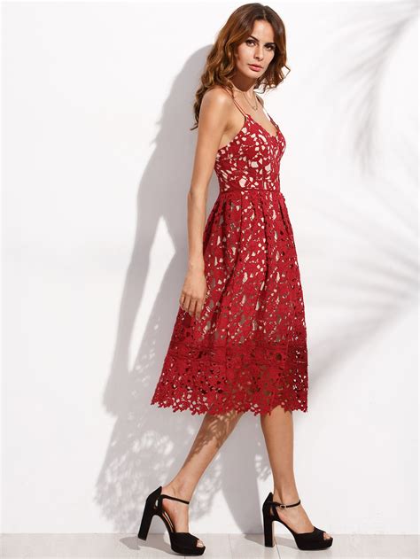 Red Embroidered Lace Overlay Cami Dress Sheinsheinside