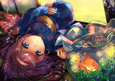 Free Download Hd Wallpaper Anime Girl Kimono Lying Down Goldfish